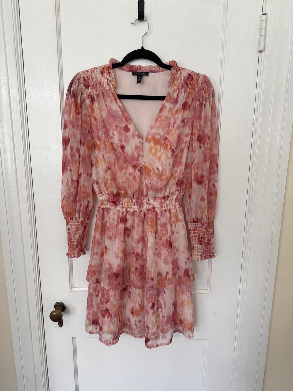 AQUA long sleeve smocked ruffled floral mini dress